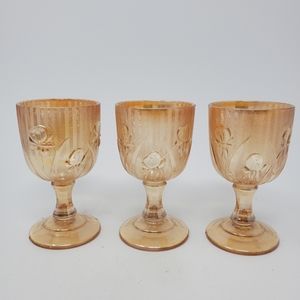 VTG Jeannette Iris and Herringbone Flora-gold Carnival Cordial Glasses, set of 3